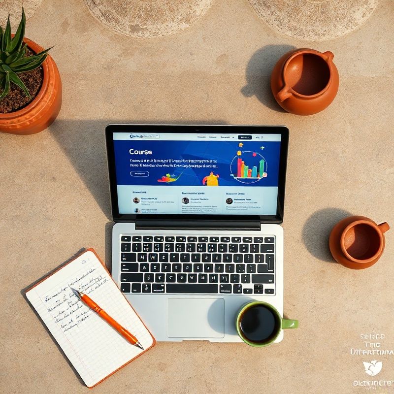 Laptop s indigo sučeljem tečaja, notes i kava na kamenom stolu